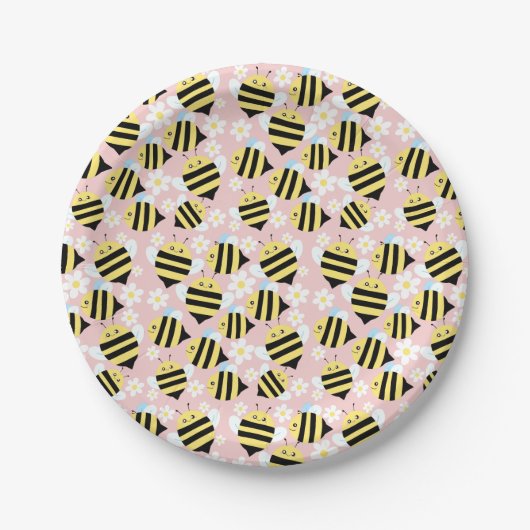 Bijen en witte bloemen papieren bordje (Voorkant)