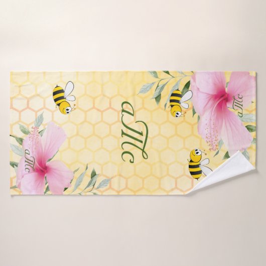 Bijen geel honingraat Monogram bloesem Badhanddoek (Badhanddoek)
