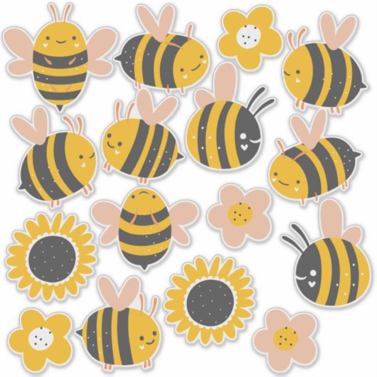Bijen Geel & Roze Bloemen Sticker (Voorkant)