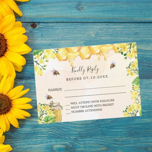 Bijen gele bloemstukken honingraat respons RSVP Notitiekaartje