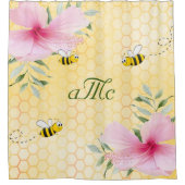 Bijen gele honingraat roze bloemenmonogram douchegordijn (Voorkant)