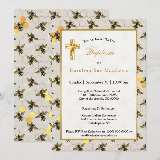 Bijen Gouden Honingraat Doop Kaart (Voorkant / Achterkant)