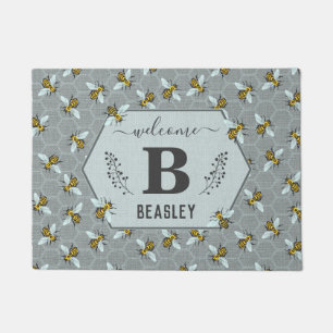 Bijen Honeycomb Geel Monogram Familienaam v2 Deurmat