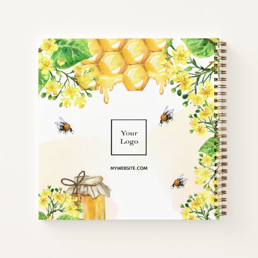 Bijen honing geel bloemennaam bedrijf logo notitieboek (Achterkant)
