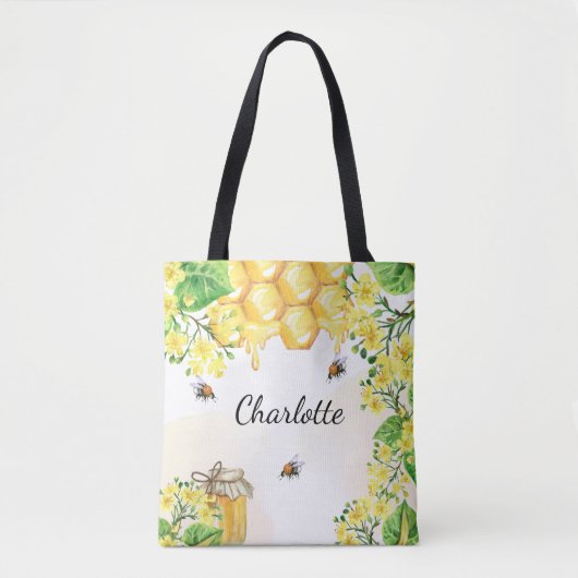 Bijen honinggeel bloemenmonogram tote bag (Voorkant)