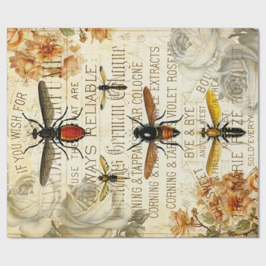  Bijen Insecten Rose Boeket Cadeaupapier (Vlak)