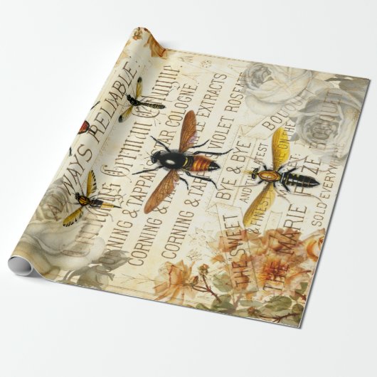Bijen Insecten Rose Boeket Cadeaupapier (Uitgerold)