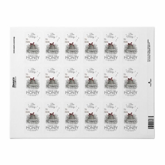 Bijen Merry Honey Gift Label Red Bow op SkepP (Full Sheet)