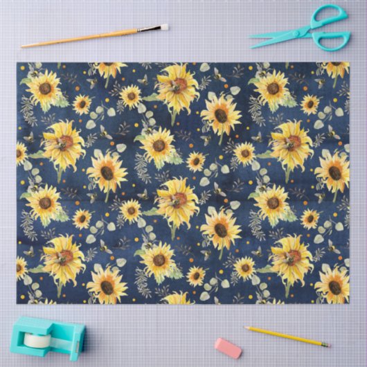 Bijen met zonnebloempitten Rustic Navy Wood Tissuepapier (Craft)