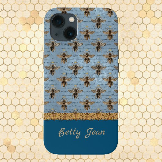  bijen op blauw Damasje met handschrift Case-Mate iPhone Case