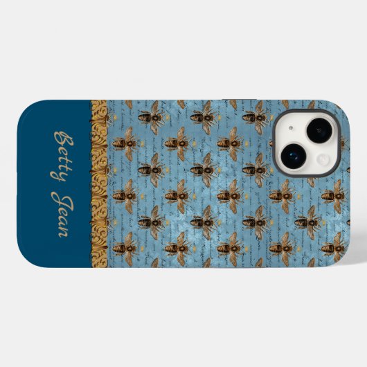  bijen op blauw Damasje met handschrift Case-Mate iPhone Case (Achterkant (horizontaal))