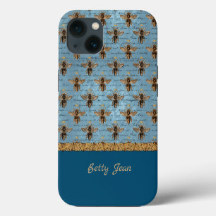 bijen op blauw Damasje met handschrift iPhone 13 Hoesje
