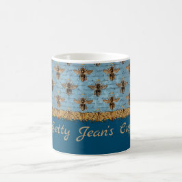  bijen op blauw Damasje met handschrift Koffiemok