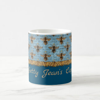 bijen op blauw Damasje met handschrift Koffiemok