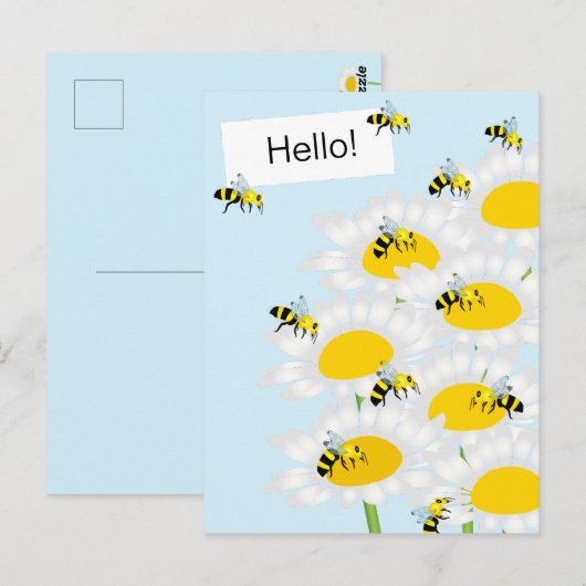 Bijen op Bloem Briefkaart - Blauwe Achtergrond (Voorkant / Achterkant)