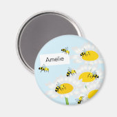 Bijen op bloem ronde magneet - blauwe achtergrond (Voorkant / Achterkant)
