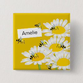 Bijen op bloemenvierkante Button - gele achtergron