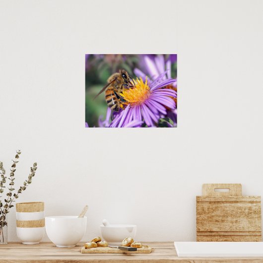 Bijen op geel en Paars ventilator Poster (Keuken)
