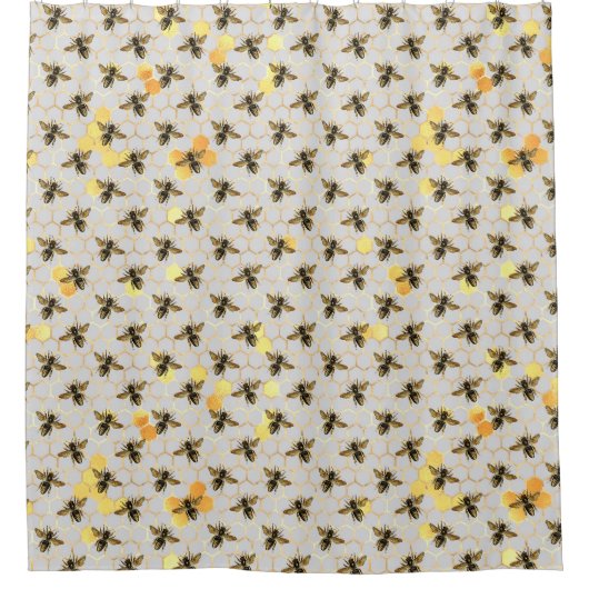 Bijen op Honeycomb Pattern Yellow Gold Grey Douchegordijn (Voorkant)