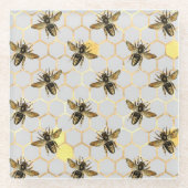 Bijen op Honeycomb Pattern Yellow Gold Grey Glazen Onderzetter (Voorkant)