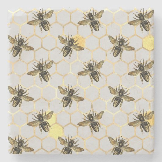 Bijen op Honeycomb Pattern Yellow Gold Grey Stenen Onderzetter (Voorkant)