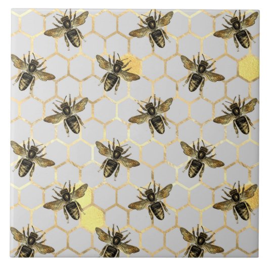 Bijen op Honeycomb Pattern Yellow Gold Grey Tegeltje (Voorkant)