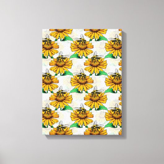 Bijen op Zonnebloem Patroon Ontwerp Canvas Afdruk (Voorkant)