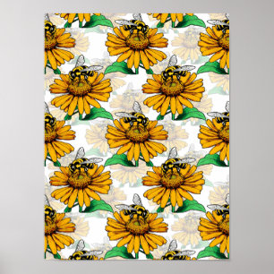 Bijen op Zonnebloem Patroon Ontwerp Poster