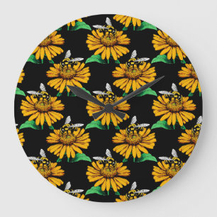Bijen op Zonnebloem Patroon Ontwerp Zwart Grote Klok