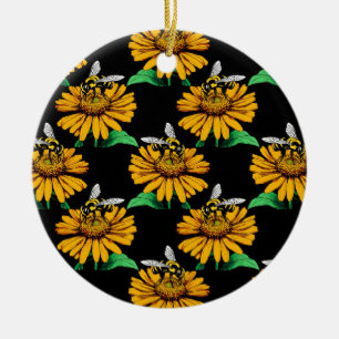 Bijen op Zonnebloem Patroon Ontwerp Zwart Keramisch Ornament