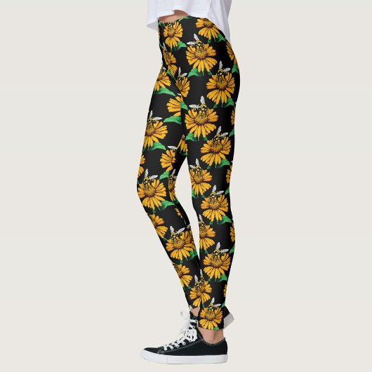 Bijen op Zonnebloem Patroon Ontwerp Zwart Leggings