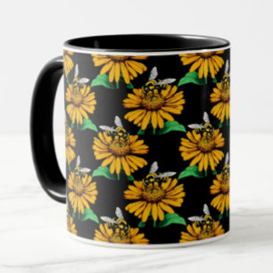 Bijen op Zonnebloem Patroon Ontwerp Zwart Mok
