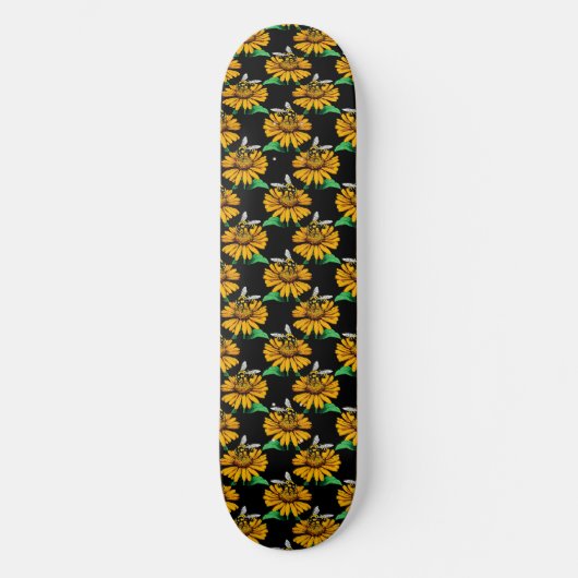 Bijen op Zonnebloem Patroon Ontwerp Zwart Persoonlijk Skateboard (Voorkant)