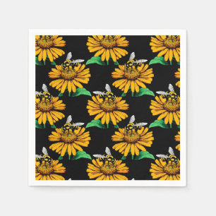 Bijen op Zonnebloem Patroon Ontwerp Zwart Servet