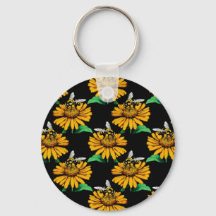 Bijen op Zonnebloem Patroon Ontwerp Zwart Sleutelhanger