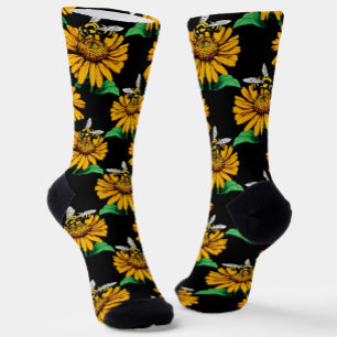 Bijen op Zonnebloem Patroon Ontwerp Zwart Sokken