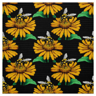 Bijen op Zonnebloem Patroon Ontwerp Zwart Stof