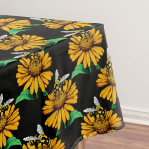 Bijen op Zonnebloem Patroon Ontwerp Zwart Tafelkleed
