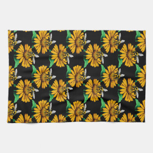 Bijen op Zonnebloem Patroon Ontwerp Zwart Theedoek