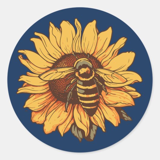 Bijen op zonnebloem ronde sticker (Voorkant)