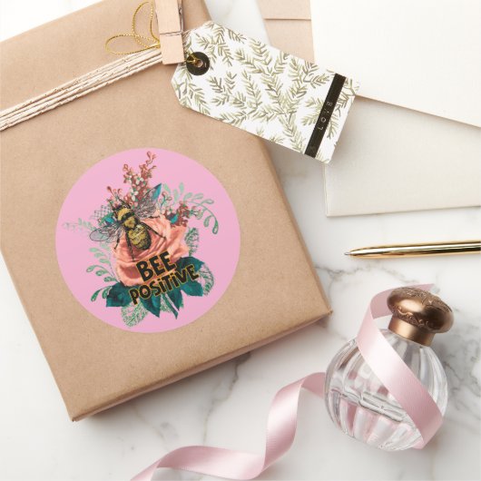 Bijen positieve bloemenvibes ronde sticker (Geschenken)