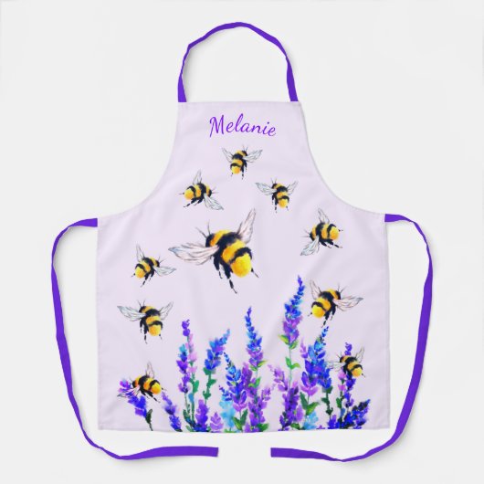 Bijen Schort met bloemen en aangepaste naam (Voorkant)