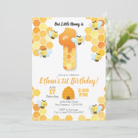 Bijen verjaardag, Bijen uitnodiging voor 1e verjaa (Staand voorkant)