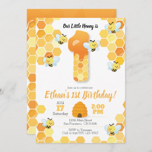 Bijen verjaardag, Bijen uitnodiging voor 1e verjaa (Voorkant / Achterkant)