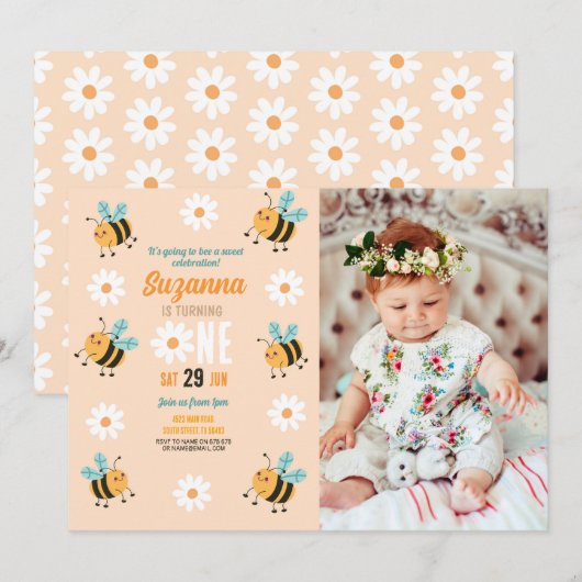 Bijen Verjaardag Foto Party Bloem Daisy Insect Kaart (Voorkant / Achterkant)