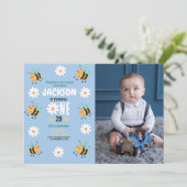 Bijen Verjaardag Fotofeest Daisy Blue Boys Kaart (Staand voorkant)