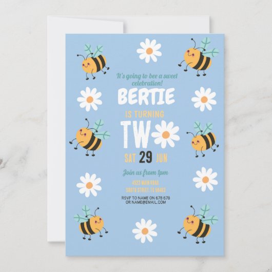 Bijen Verjaardag Uitnodiging Party Blue Daisy Two  (Voorkant)