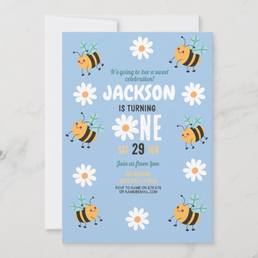 Bijen Verjaardag Uitnodiging Party Daisy Blue Boys (Voorkant)