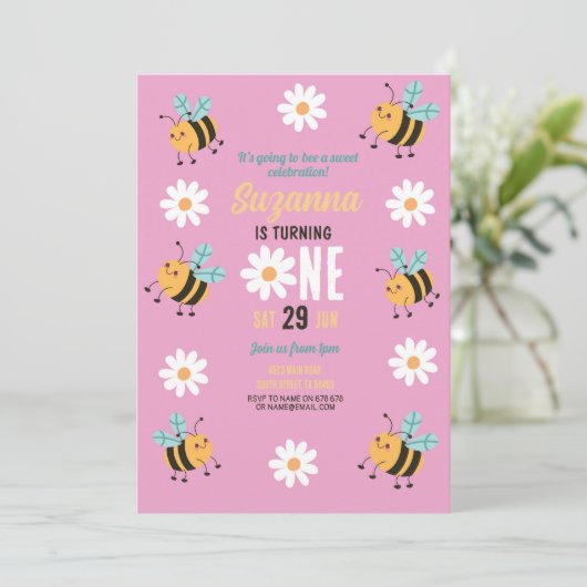 Bijen Verjaardag Uitnodiging Party Flower Daisy Pi (Staand voorkant)