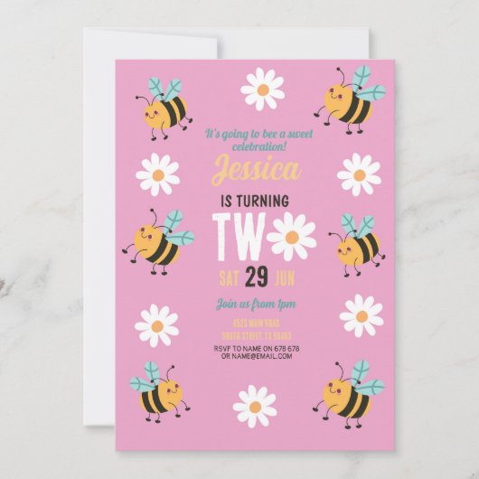 Bijen Verjaardag Uitnodiging Party Pink Daisy Two (Voorkant)